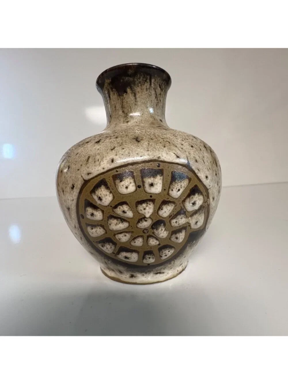 Japanese Ceramic Bud Vase Abstract Shell Design Speckled Glaze Vintage 4